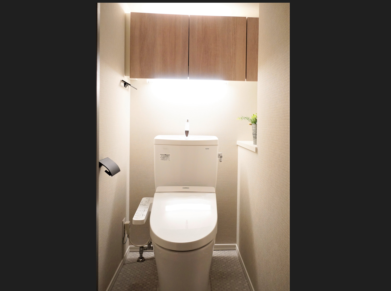 ■節水型トイレ・吊戸棚には間接照明で珪藻土が照らされます。 イメージ